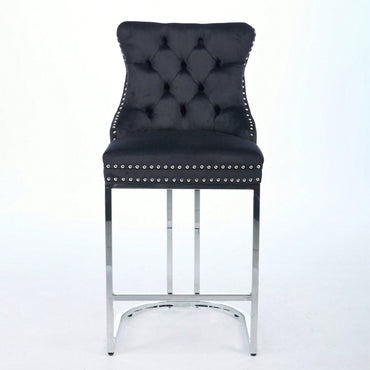 Modern Velvet Counter Height Bar Stools Set of 2 with Button Back Rivet Trim Upholstered Chairs Sturdy Chrome Base Farmhouse Black