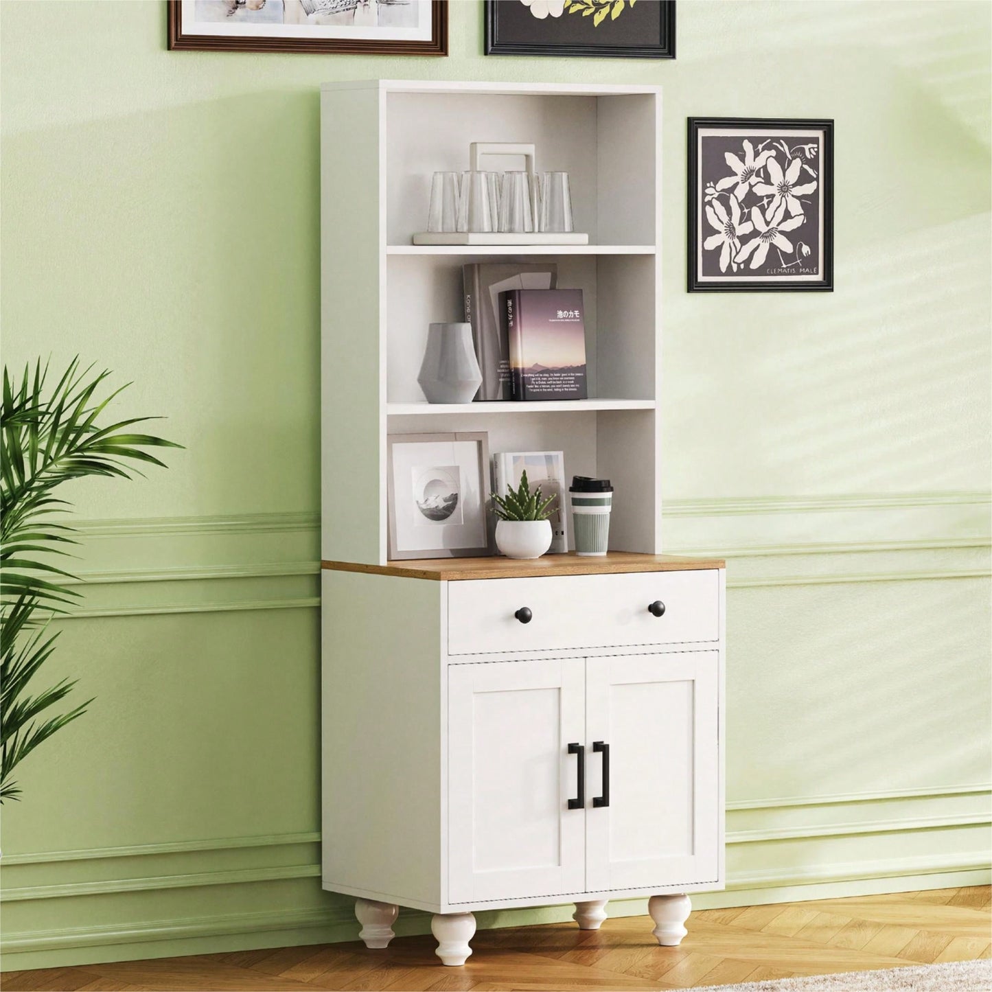 Modern Farmhouse Storage Cabinet with Adjustable Shelves and Drawer for Kitchen Living Room White Finish 5 Tier Bookshelf Solid Wood Legs