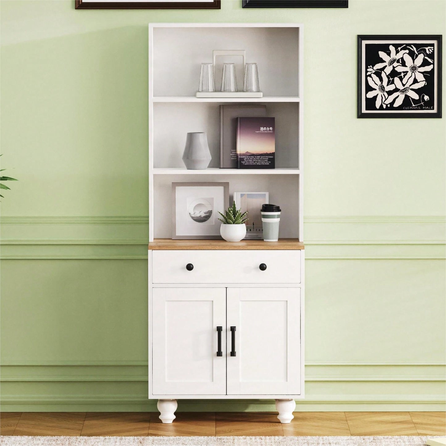 Modern Farmhouse Storage Cabinet with Adjustable Shelves and Drawer for Kitchen Living Room White Finish 5 Tier Bookshelf Solid Wood Legs