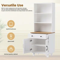 Modern Farmhouse Storage Cabinet with Adjustable Shelves and Drawer for Kitchen Living Room White Finish 5 Tier Bookshelf Solid Wood Legs