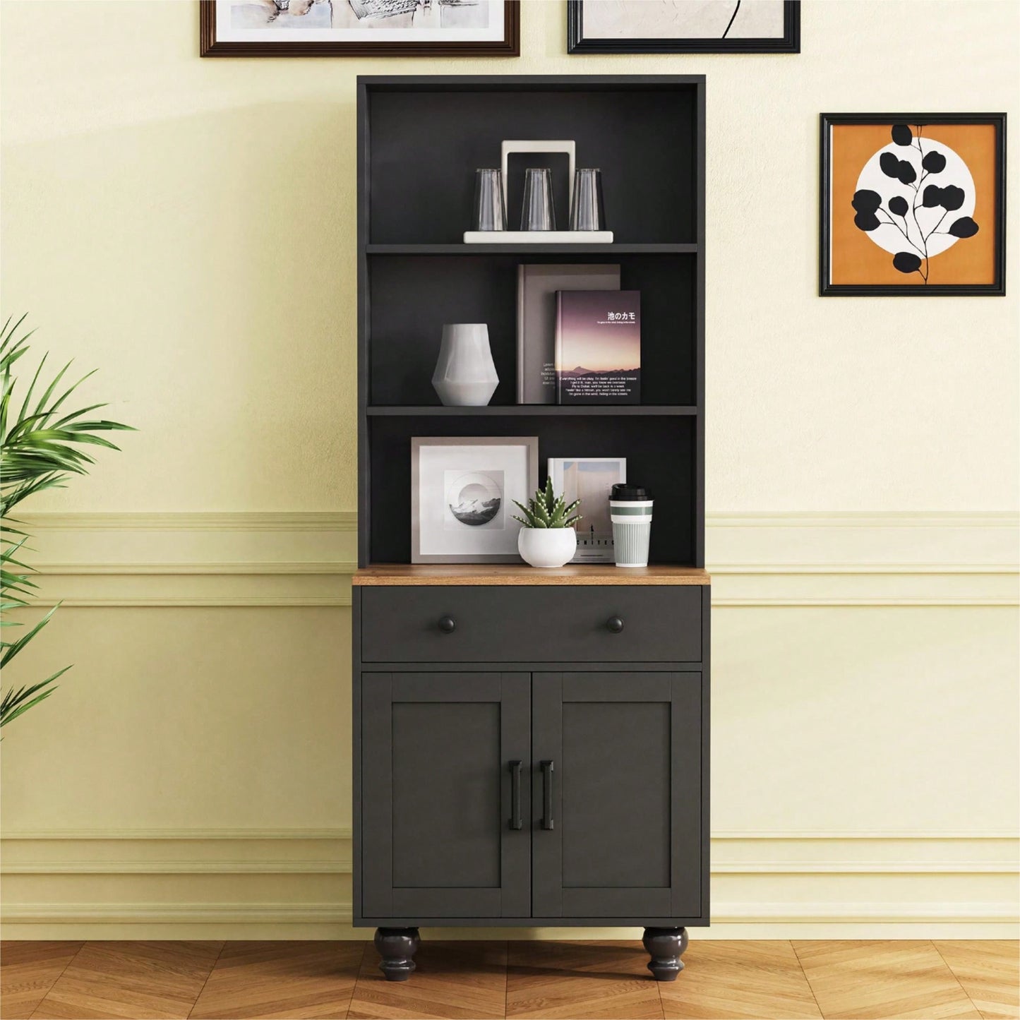 Modern Farmhouse Storage Cabinet with Adjustable Shelves and Drawer for Kitchen Living Room White Finish 5 Tier Bookshelf Solid Wood Legs