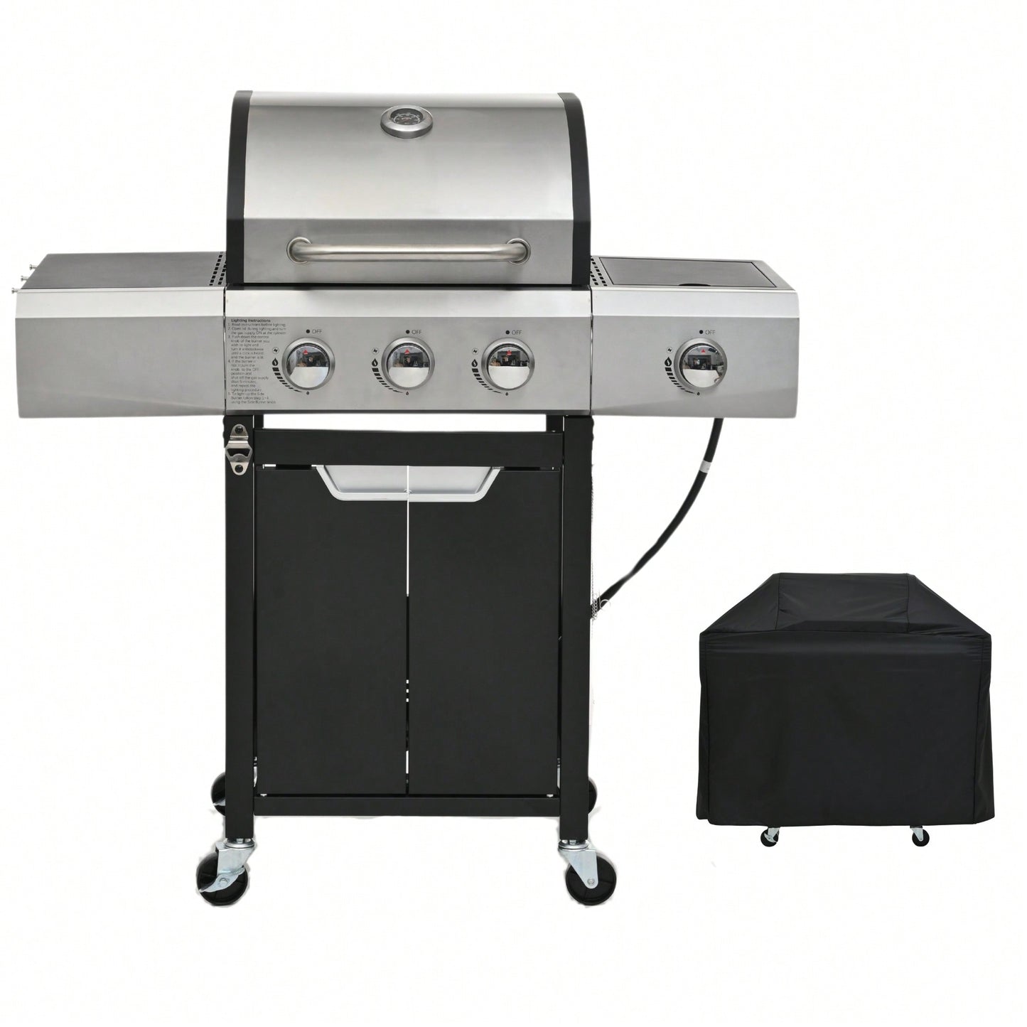 Stainless Steel 3 Burner Propane Gas Grill With Side Burner And Cover For Outdoor BBQ And Camping