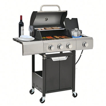 Stainless Steel 3 Burner Propane Gas Grill With Side Burner And Cover For Outdoor BBQ And Camping