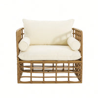 Boho Rattan Accent Chair With Cushions For Stylish Living Room Sunroom Or Patio Relaxation