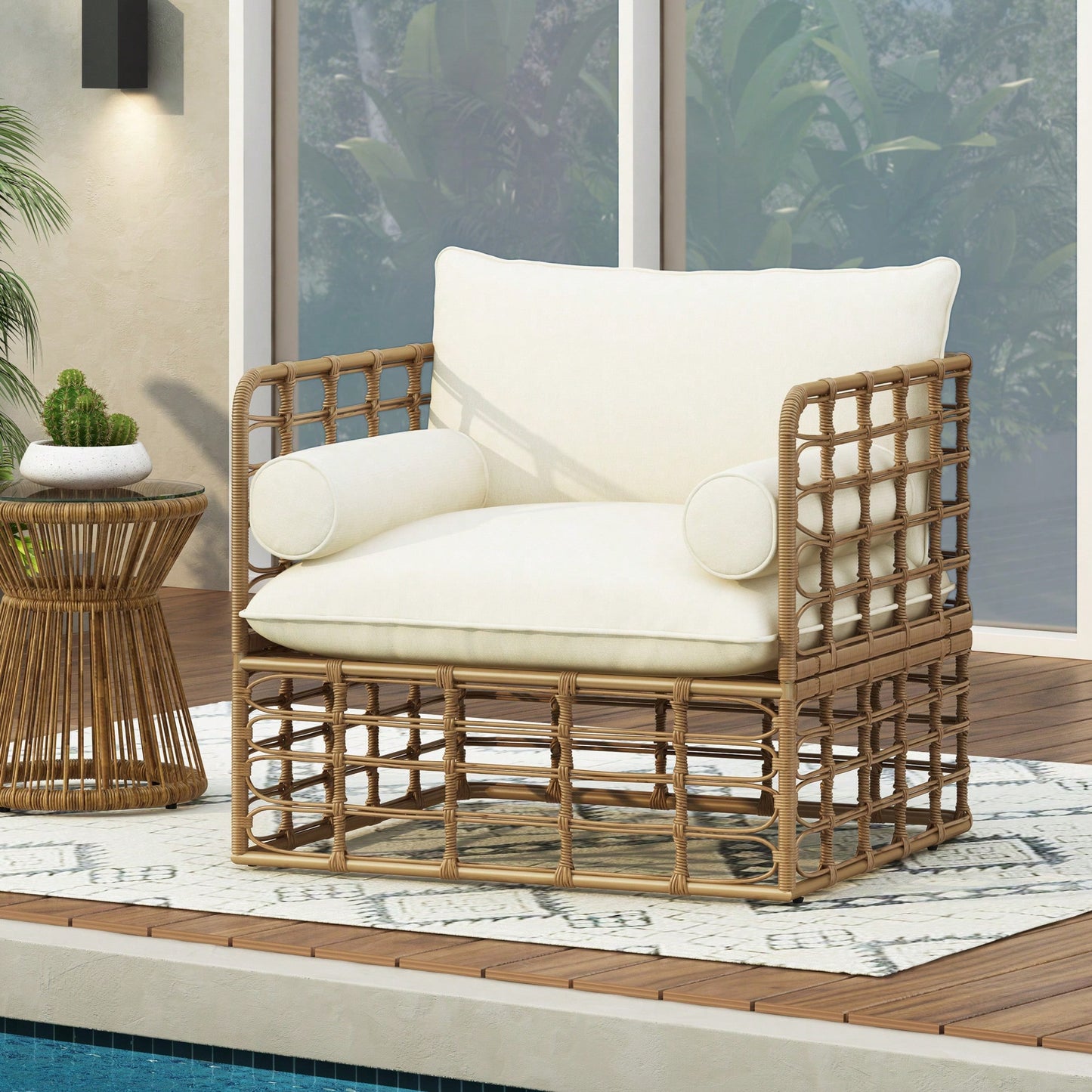 Boho Rattan Accent Chair With Cushions For Stylish Living Room Sunroom Or Patio Relaxation