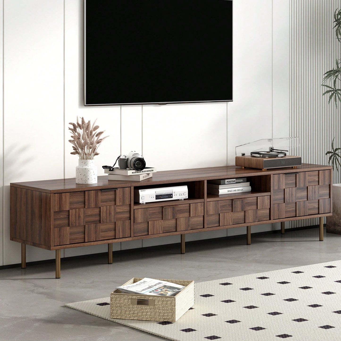 Mid Century Modern TV Stand for TVs Up to 85 Inches with 2 Drawers Stylish Media Console Table for Living Room Bedroom Home Theatre