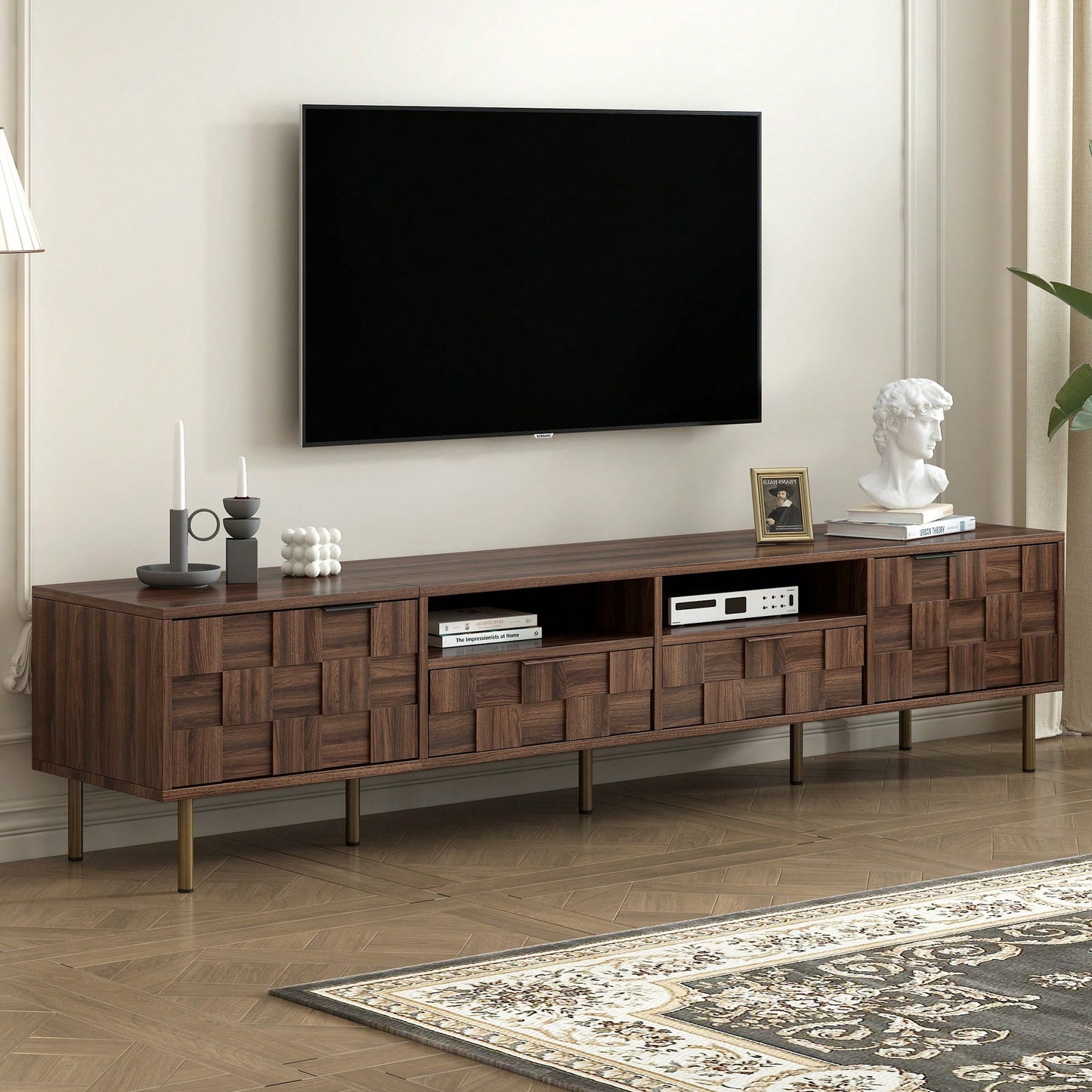 Mid Century Modern TV Stand for TVs Up to 85 Inches with 2 Drawers Stylish Media Console Table for Living Room Bedroom Home Theatre