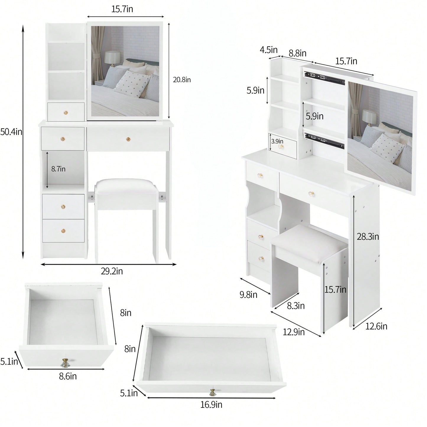 Compact Vanity Table With Cushioned Stool And Extra Large Sliding Mirror For Small Spaces High Capacity Storage Dresser