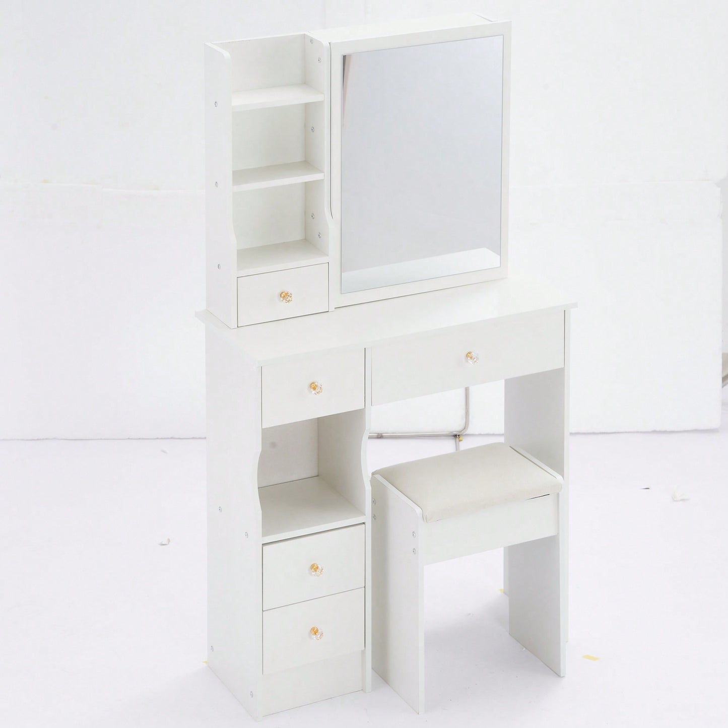 Compact Vanity Table With Cushioned Stool And Extra Large Sliding Mirror For Small Spaces High Capacity Storage Dresser