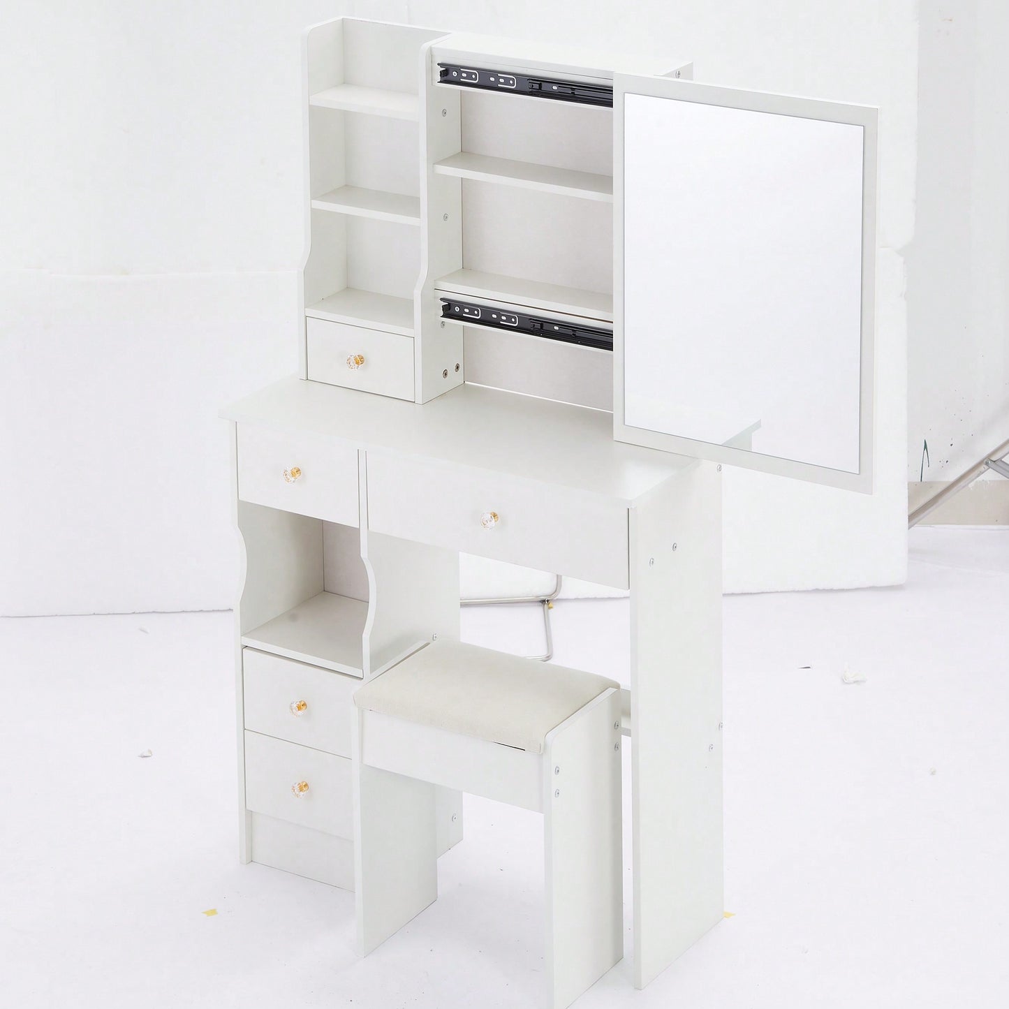 Compact Vanity Table With Cushioned Stool And Extra Large Sliding Mirror For Small Spaces High Capacity Storage Dresser