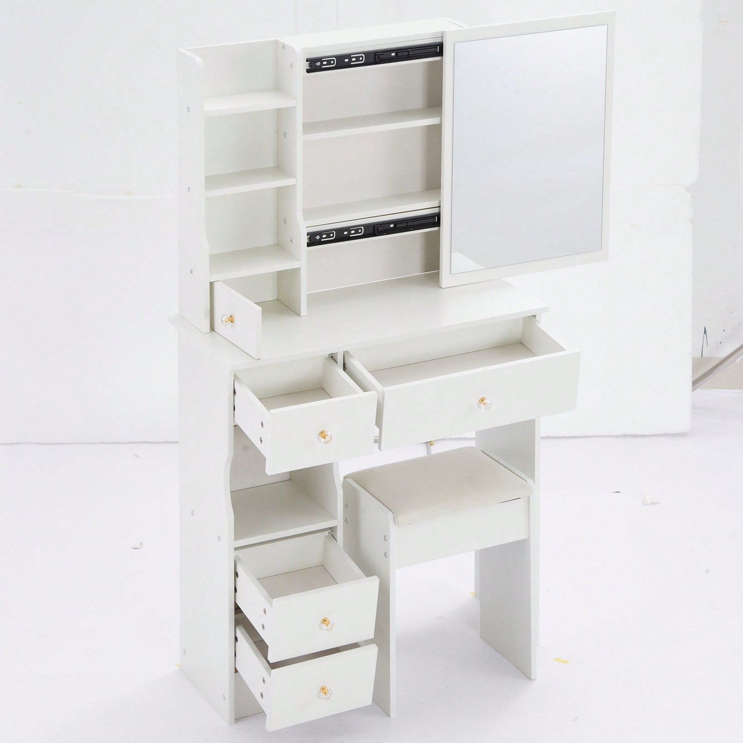 Compact Vanity Table With Cushioned Stool And Extra Large Sliding Mirror For Small Spaces High Capacity Storage Dresser