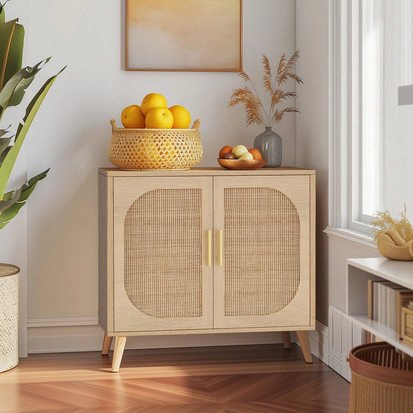 Natural Wood Accent Cabinet with Storage for Bathroom or Living Room, Two Doors and Four Compartments, Stylish Sideboard for Hallway