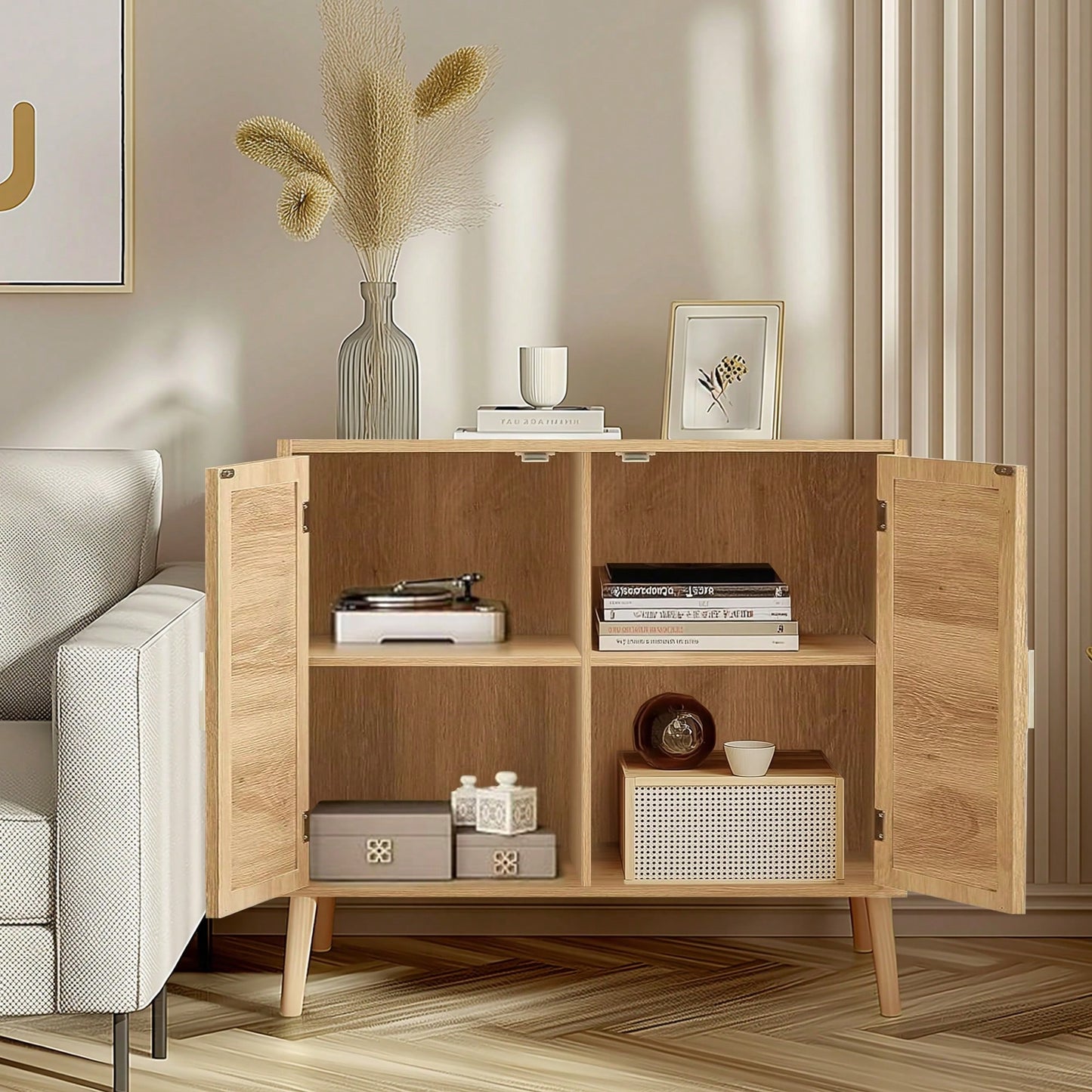 Natural Wood Accent Cabinet with Storage for Bathroom or Living Room, Two Doors and Four Compartments, Stylish Sideboard for Hallway