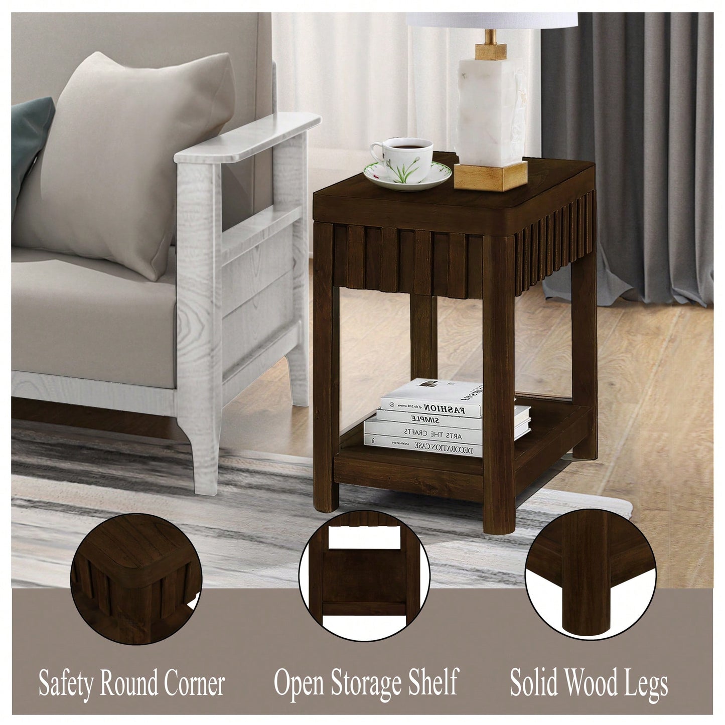 25 Inch Rectangular Farmhouse End Table With Storage Shelf Solid Wood Legs For Living Room Bedroom Office Walnut Finish