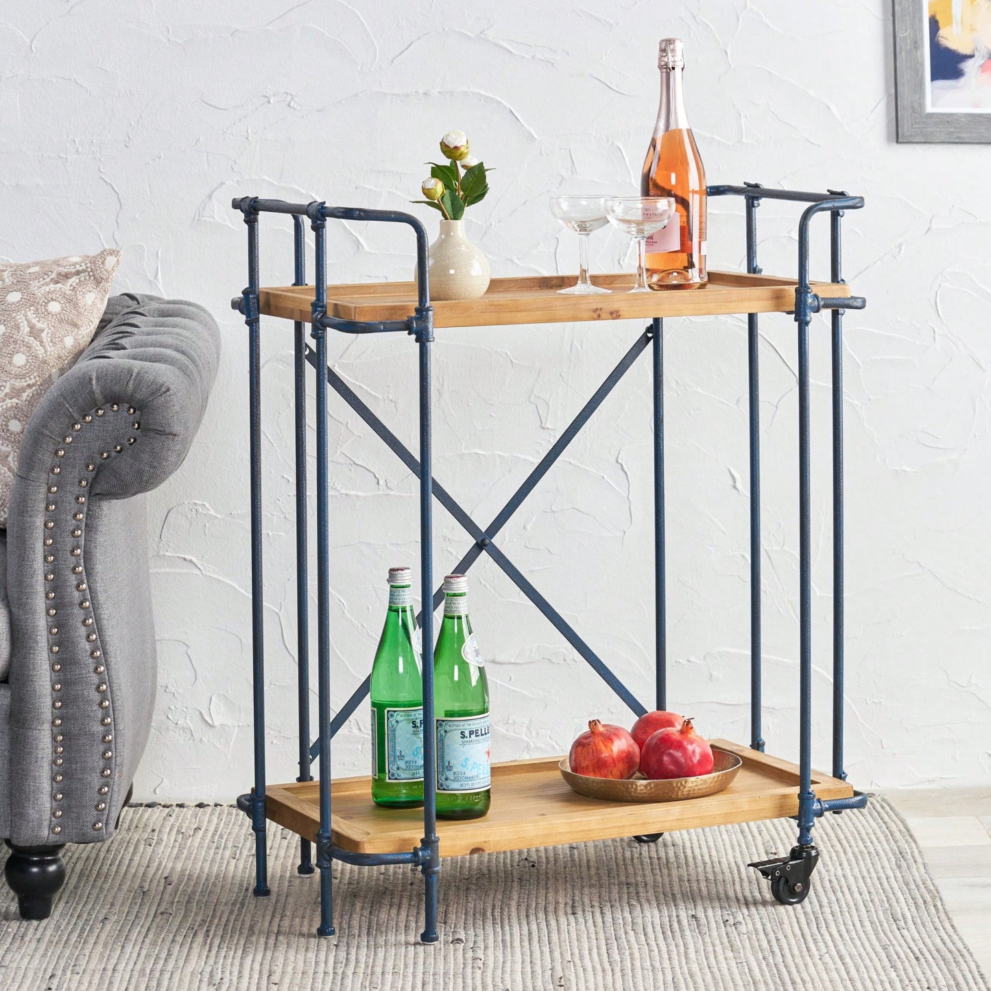 Elegant Wooden Pipe Bar Cart With Wheels For Stylish Entertaining