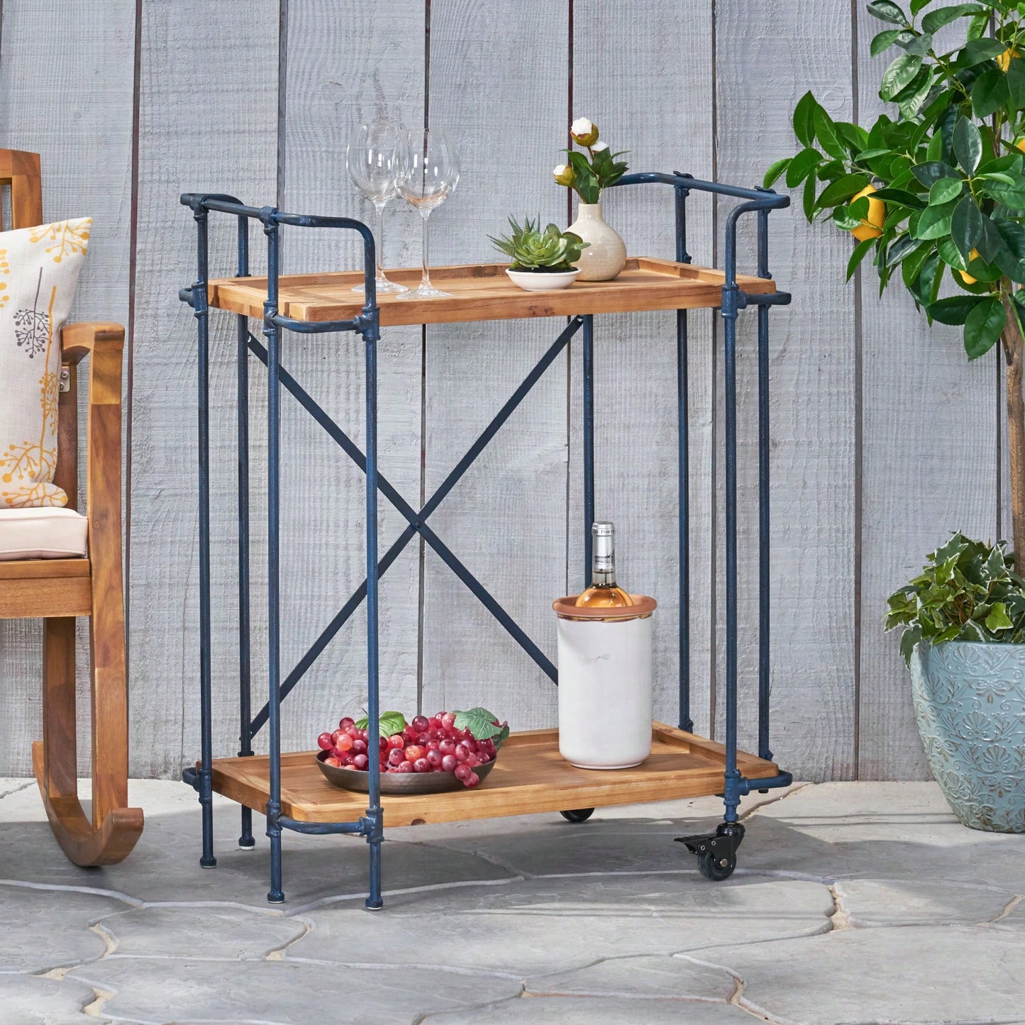 Elegant Wooden Pipe Bar Cart With Wheels For Stylish Entertaining