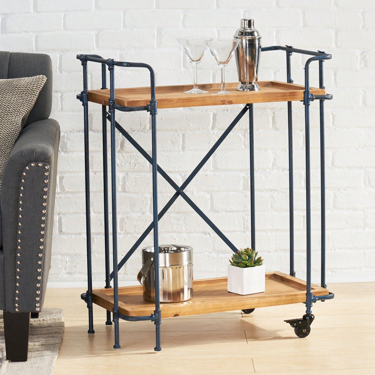 Elegant Wooden Pipe Bar Cart With Wheels For Stylish Entertaining