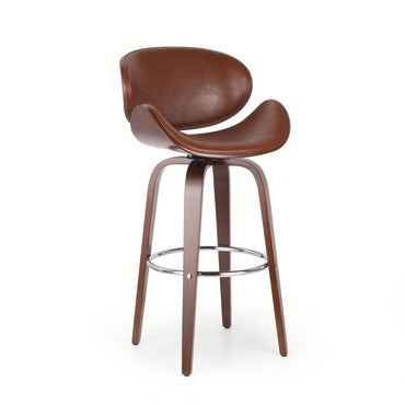 30 Inch Mid-Century Modern Upholstered Swivel Barstool In Walnut And Cognac Finish
