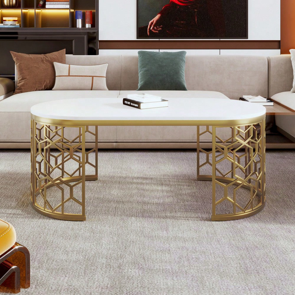 Contemporary Oval Coffee Table With Decorative Cut-Out Metal Frame 47.2 Inches