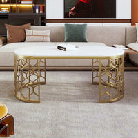Contemporary Oval Coffee Table With Decorative Cut-Out Metal Frame 47.2 Inches