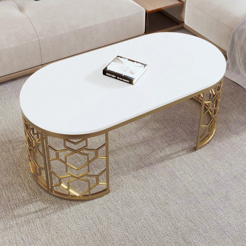 Contemporary Oval Coffee Table With Decorative Cut-Out Metal Frame 47.2 Inches