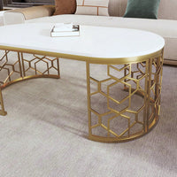 Contemporary Oval Coffee Table With Decorative Cut-Out Metal Frame 47.2 Inches