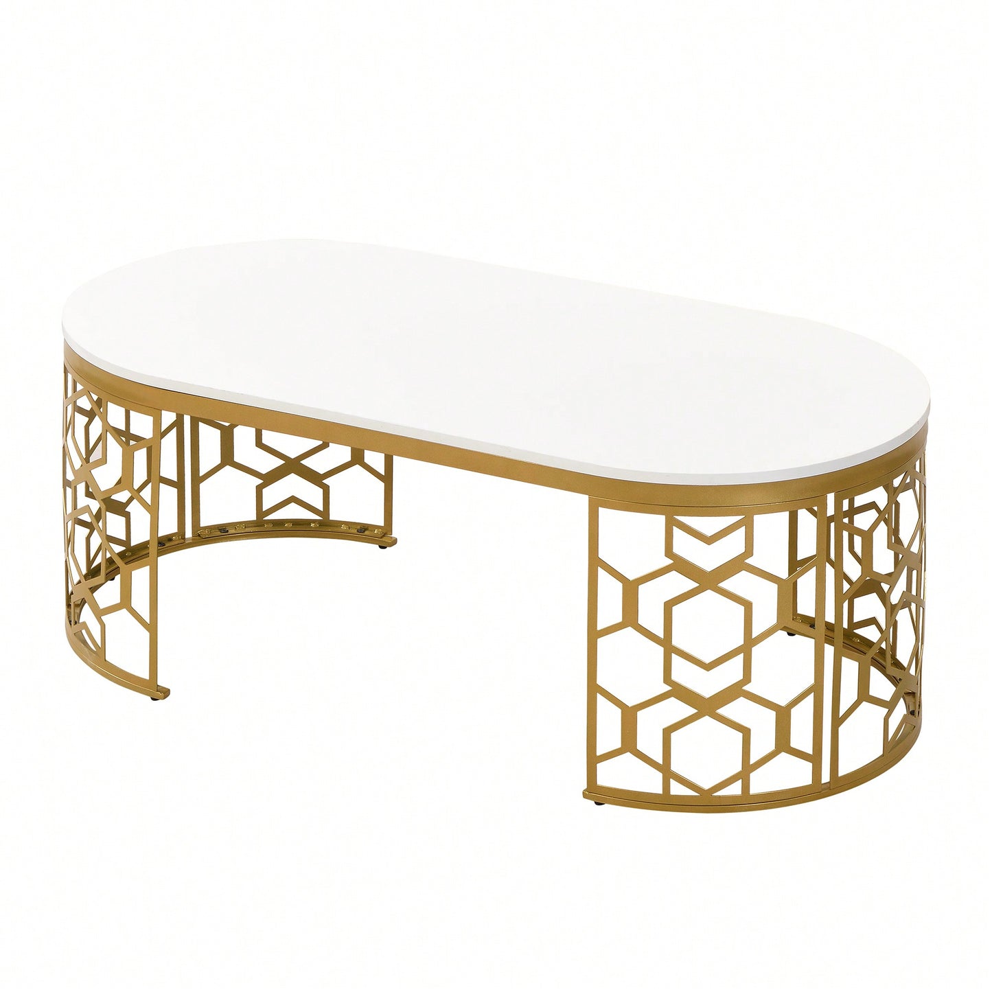 Contemporary Oval Coffee Table With Decorative Cut-Out Metal Frame 47.2 Inches