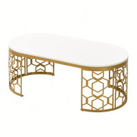Contemporary Oval Coffee Table With Decorative Cut-Out Metal Frame 47.2 Inches