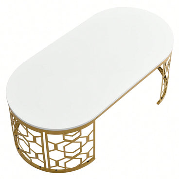Contemporary Oval Coffee Table With Decorative Cut-Out Metal Frame 47.2 Inches