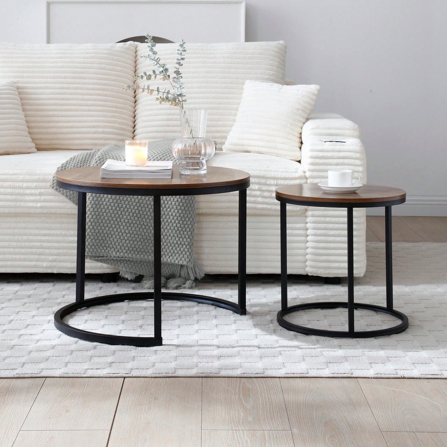 Set Of 2 Modern Round Nesting Coffee Tables With Sturdy Metal Frame For Living Room And Bedroom Decor