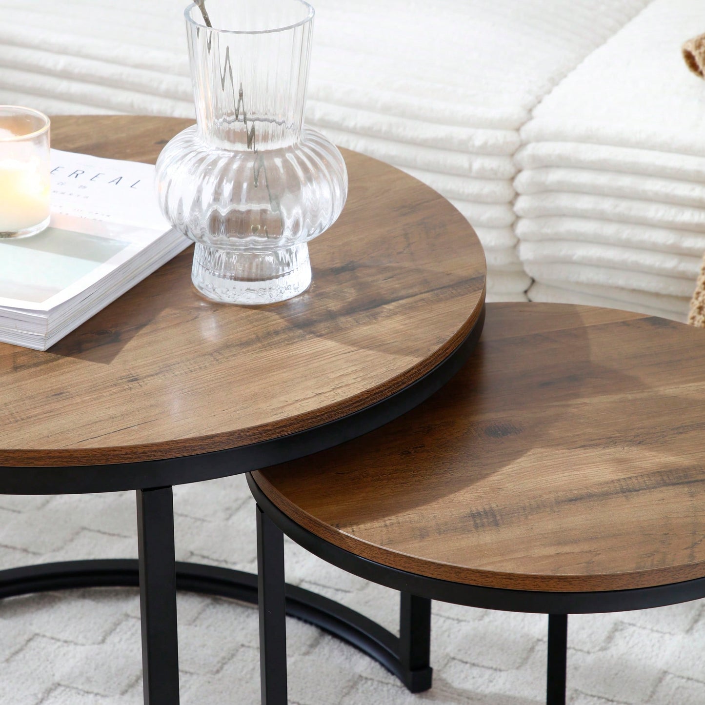 Set Of 2 Modern Round Nesting Coffee Tables With Sturdy Metal Frame For Living Room And Bedroom Decor