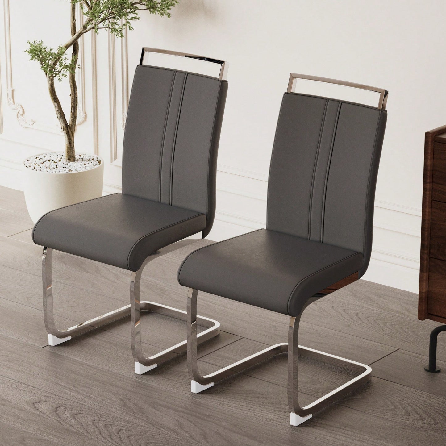 Stylish PU Faux Leather High Back Dining Chairs With C-Shaped Metal Legs For Kitchen, Dining Room, Office, And Patio - Set Of 4 In Grey