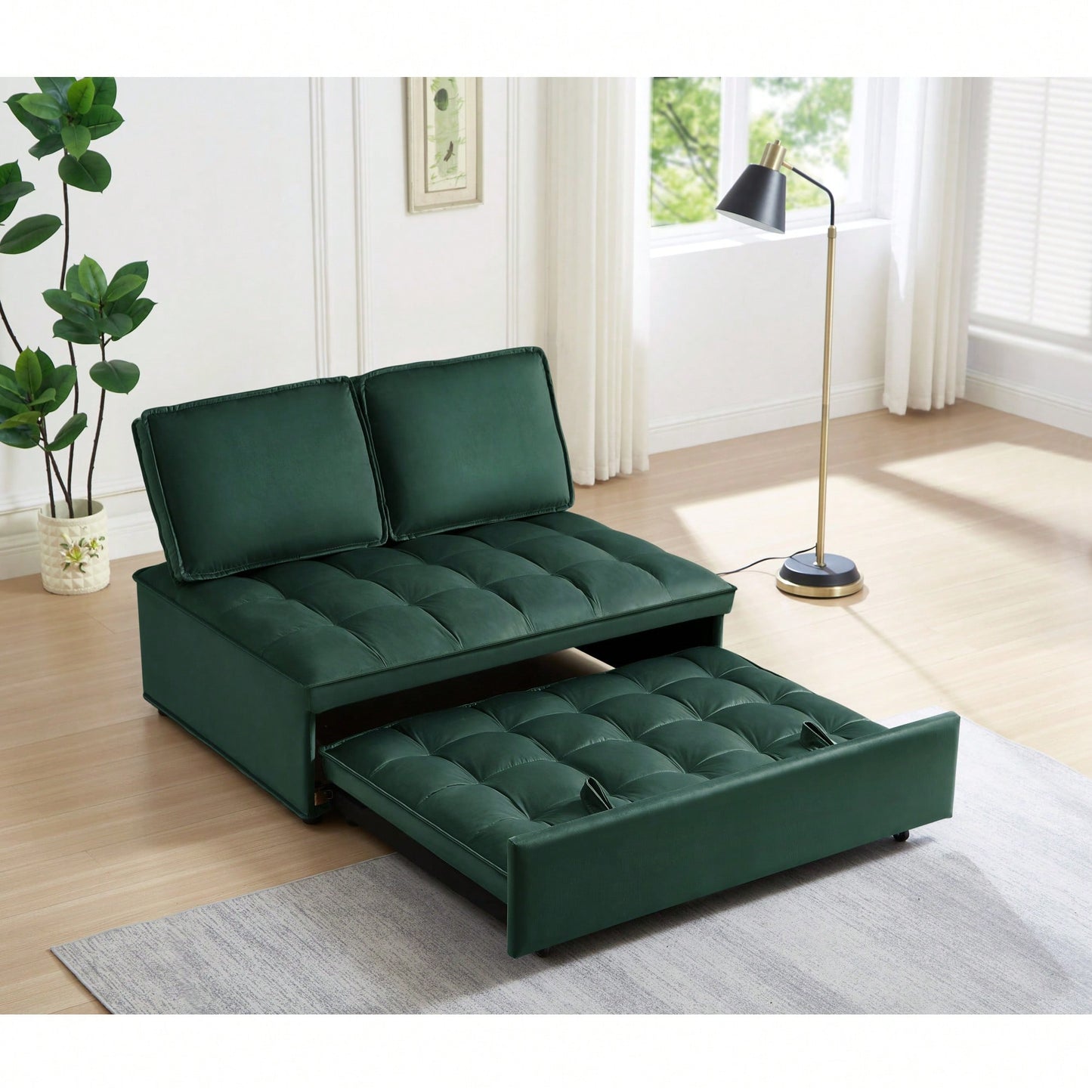 Modern Velvet Convertible Sofa Bed With Detachable Backrests For Living Room And Bedroom, Grey Double Seat Design