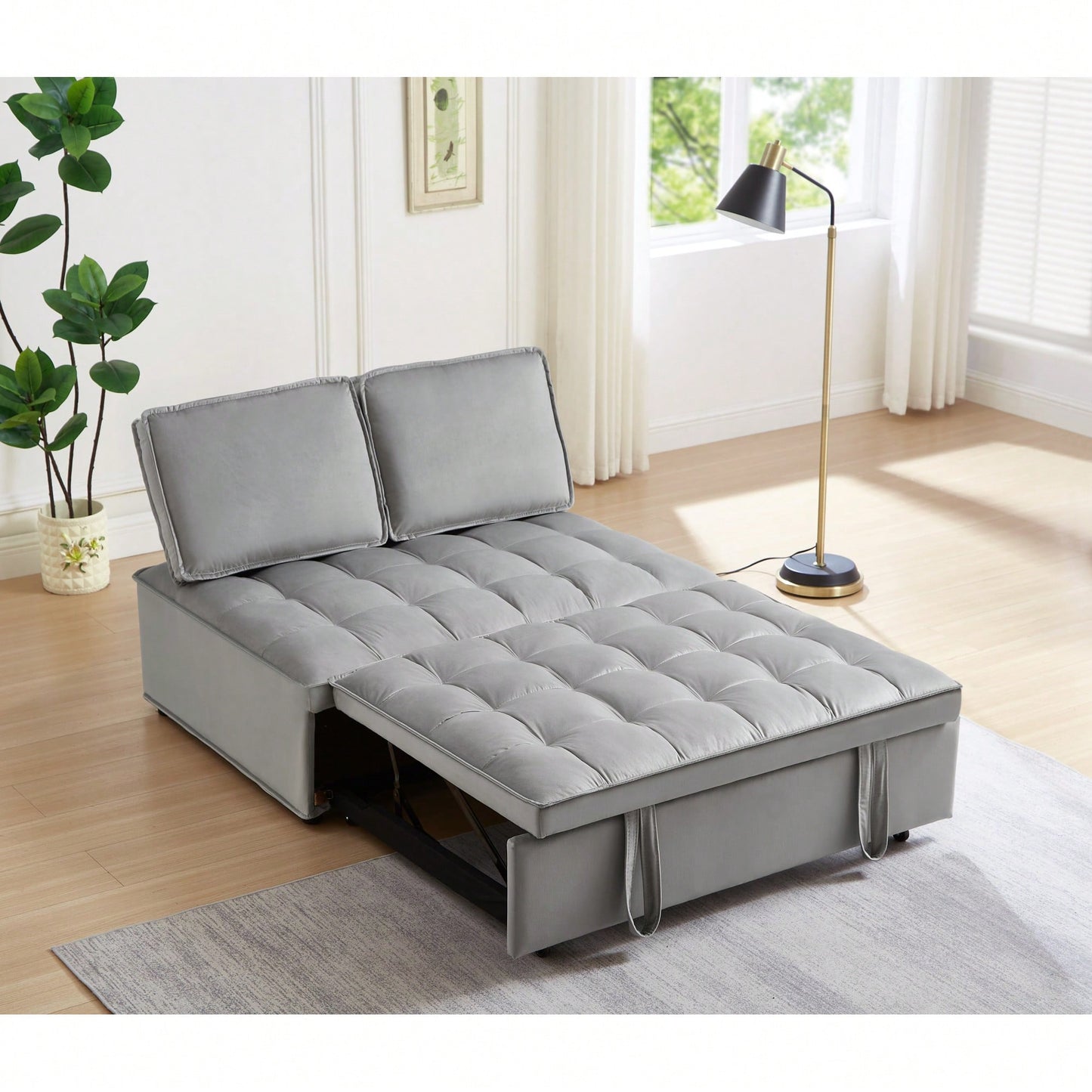 Modern Velvet Convertible Sofa Bed With Detachable Backrests For Living Room And Bedroom, Grey Double Seat Design