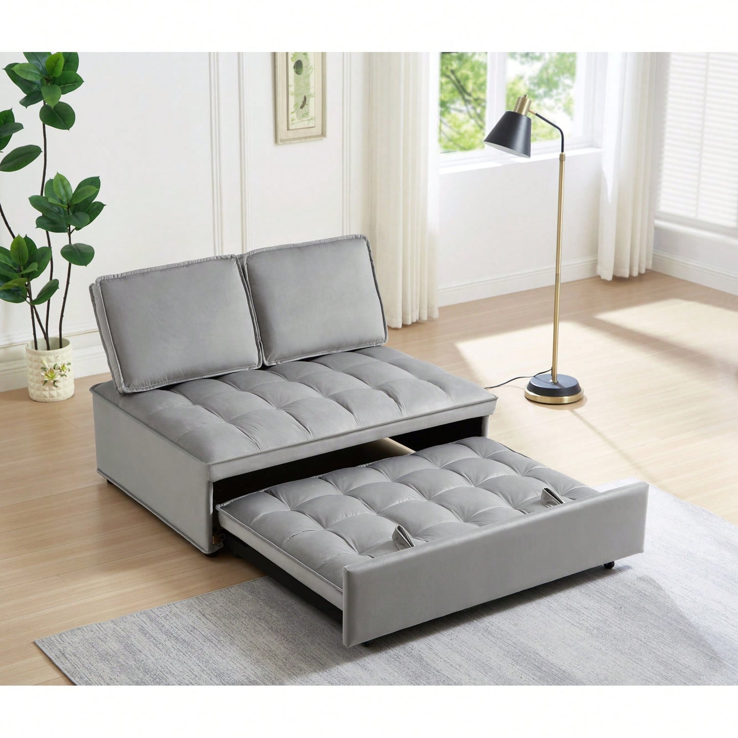 Modern Velvet Convertible Sofa Bed With Detachable Backrests For Living Room And Bedroom, Grey Double Seat Design