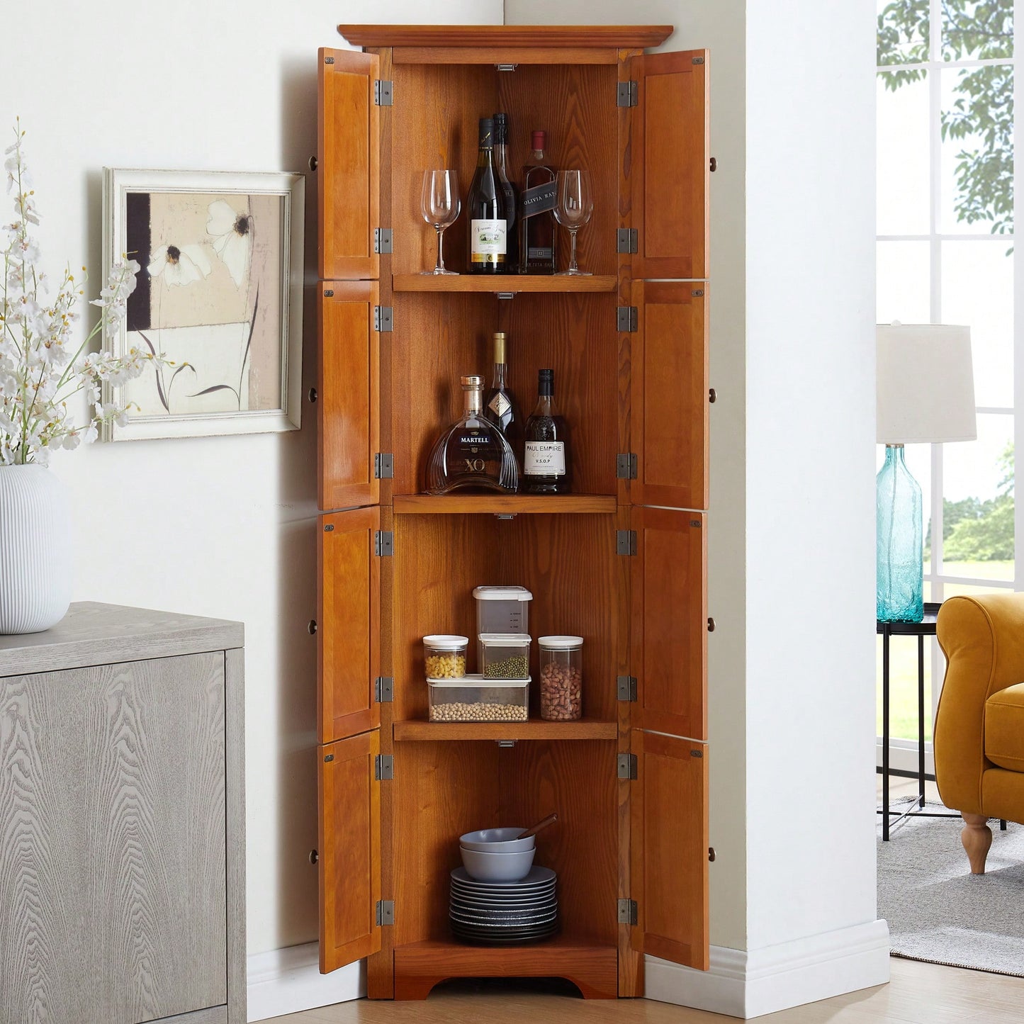 72 Inch Corner Kitchen Pantry Storage Cabinet With 8 Doors Adjustable Shelves For Bathroom Living Room And Kitchen Cherry Finish