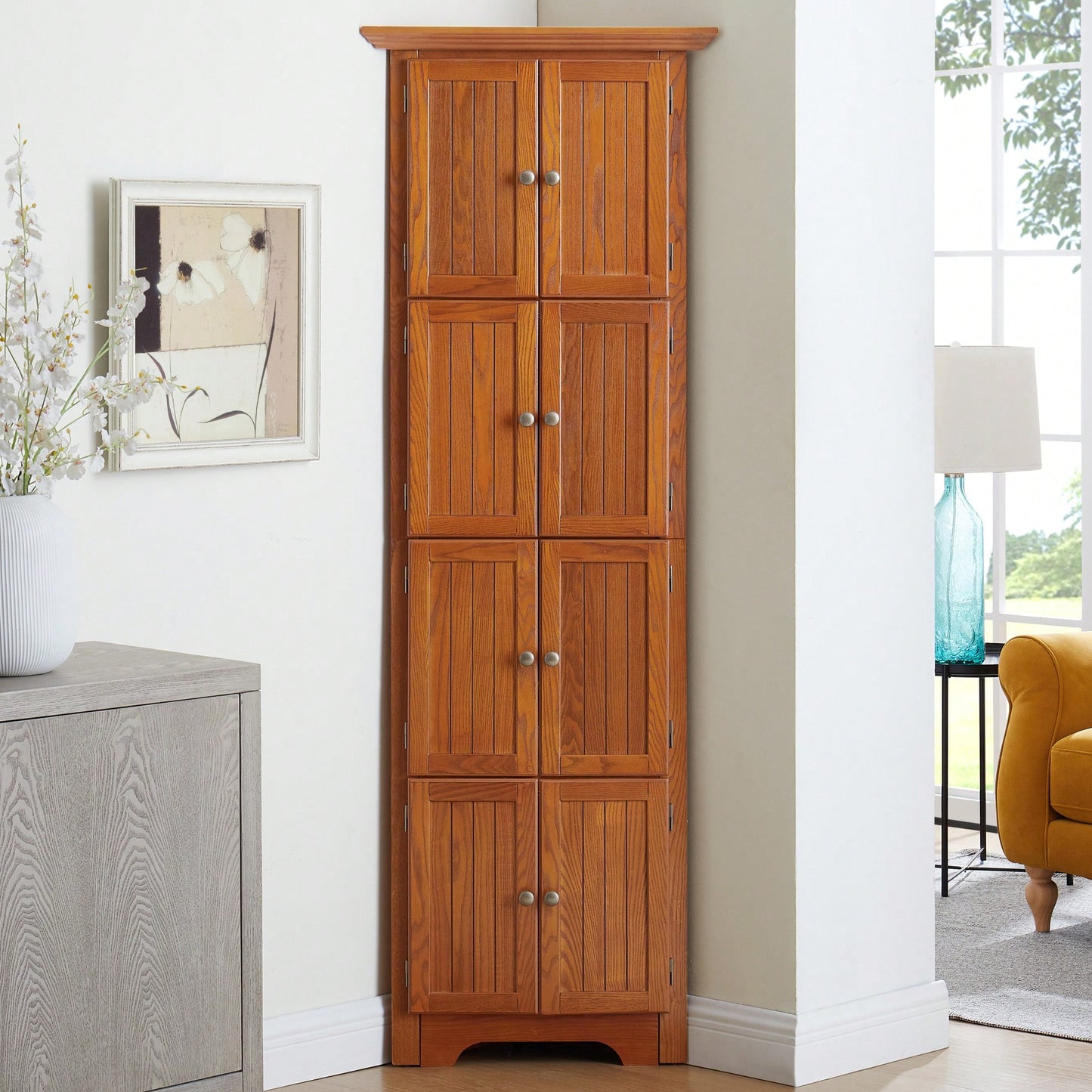 72 Inch Corner Kitchen Pantry Storage Cabinet With 8 Doors Adjustable Shelves For Bathroom Living Room And Kitchen Cherry Finish