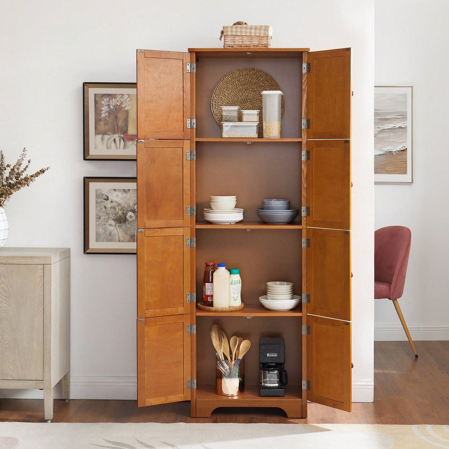 72.4 Inch Tall Freestanding Storage Cabinet With 8 Doors And 4 Shelves Ideal For Living Room Kitchen Dining Room Office Cherry Finish