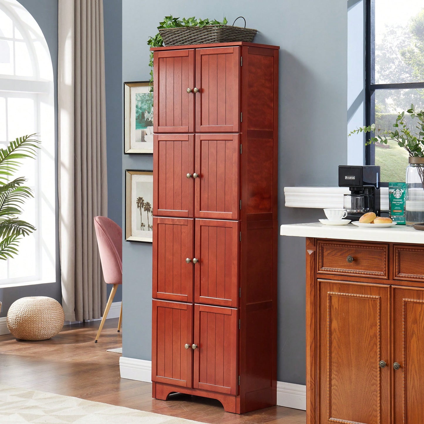 72.4 Inch Tall Freestanding Storage Cabinet With 8 Doors And 4 Shelves Ideal For Living Room Kitchen Dining Room Office Cherry Finish