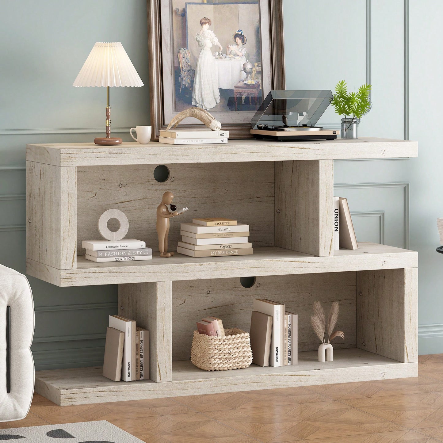 Symmetrical 2-Tier Open Shelf Retro Console Table For Entryway And Living Room In Black