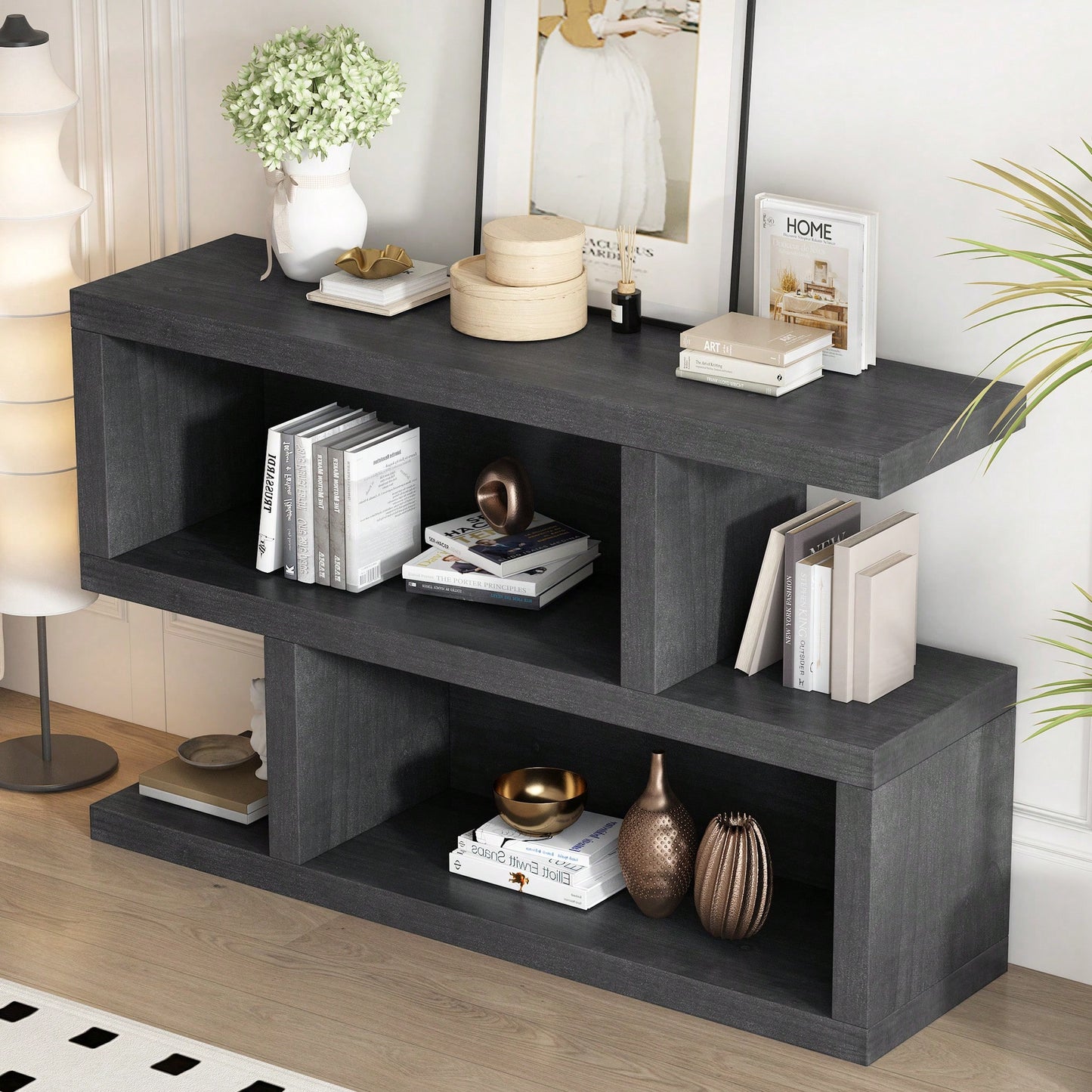 Symmetrical 2-Tier Open Shelf Retro Console Table For Entryway And Living Room In Black