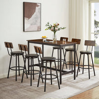 Industrial Style 7 Piece Pub High Dining Set With Rustic Grey Table And 6 PU Leather Bar Chairs For Kitchen And Living Room