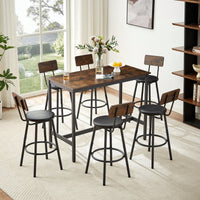 Industrial Style 7 Piece Pub High Dining Set With Rustic Grey Table And 6 PU Leather Bar Chairs For Kitchen And Living Room