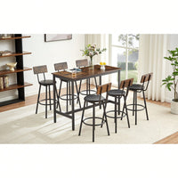 Industrial Style 7 Piece Pub High Dining Set With Rustic Grey Table And 6 PU Leather Bar Chairs For Kitchen And Living Room
