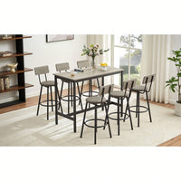 Industrial Style 7 Piece Pub High Dining Set With Rustic Grey Table And 6 PU Leather Bar Chairs For Kitchen And Living Room