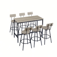 Industrial Style 7 Piece Pub High Dining Set With Rustic Grey Table And 6 PU Leather Bar Chairs For Kitchen And Living Room