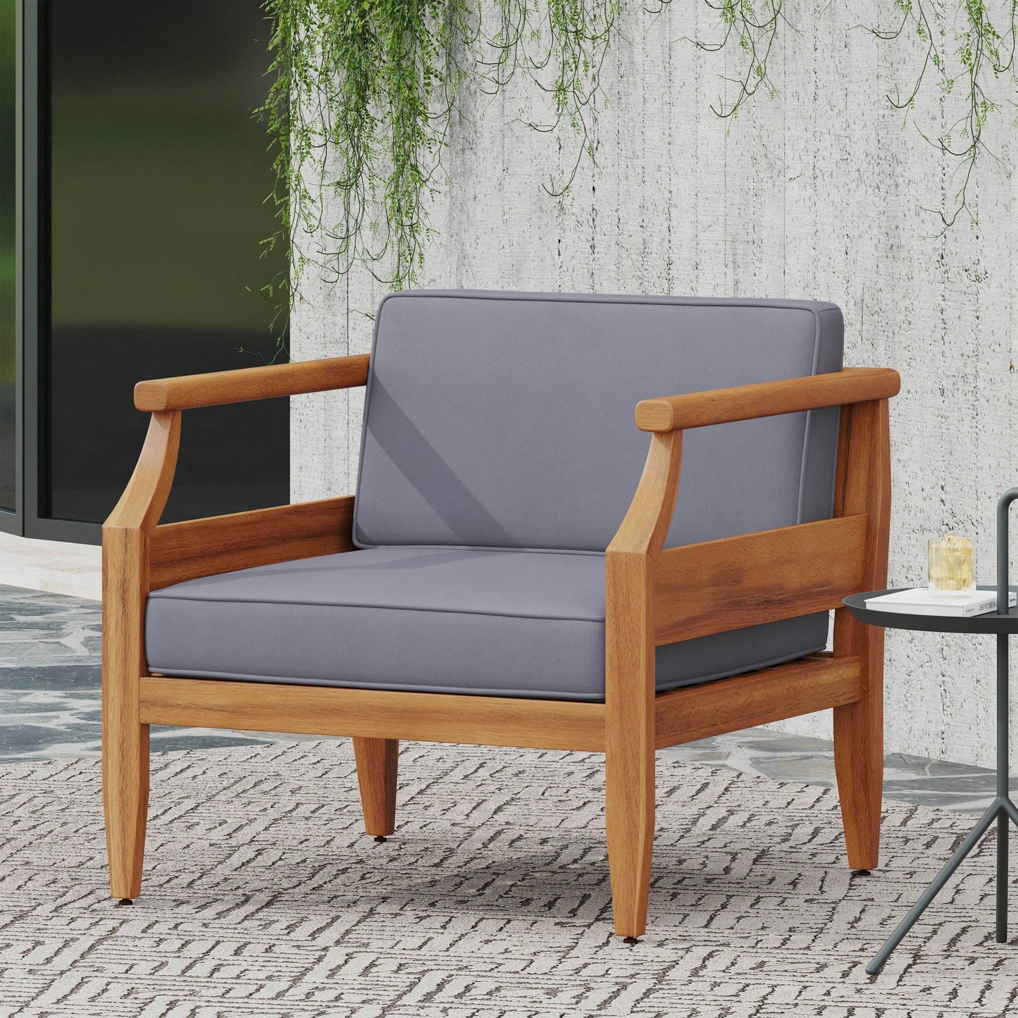 Acacia Wood Outdoor Club Chairs With Dark Gray Cushions For Patio And Garden