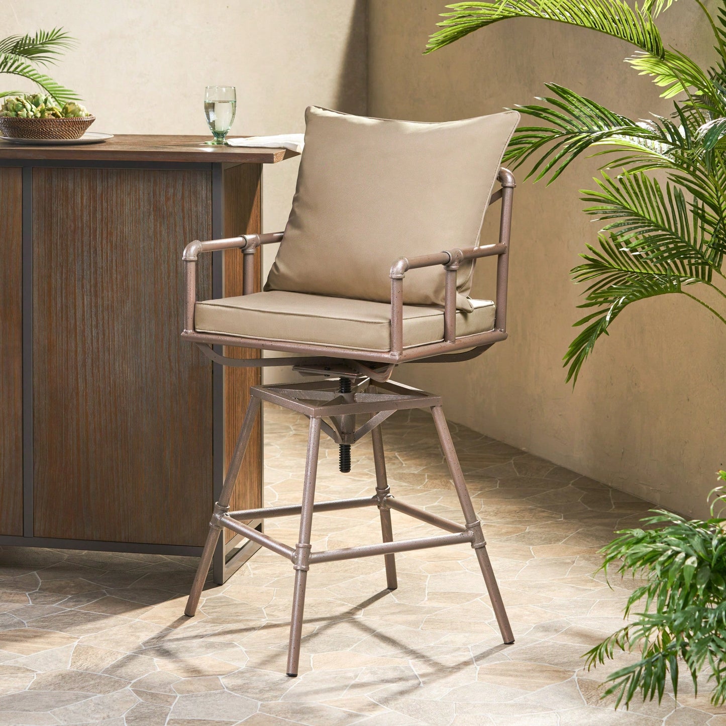 Height Adjustable Outdoor Patio Swivel Bar Stool With Cushions For Comfort And Style