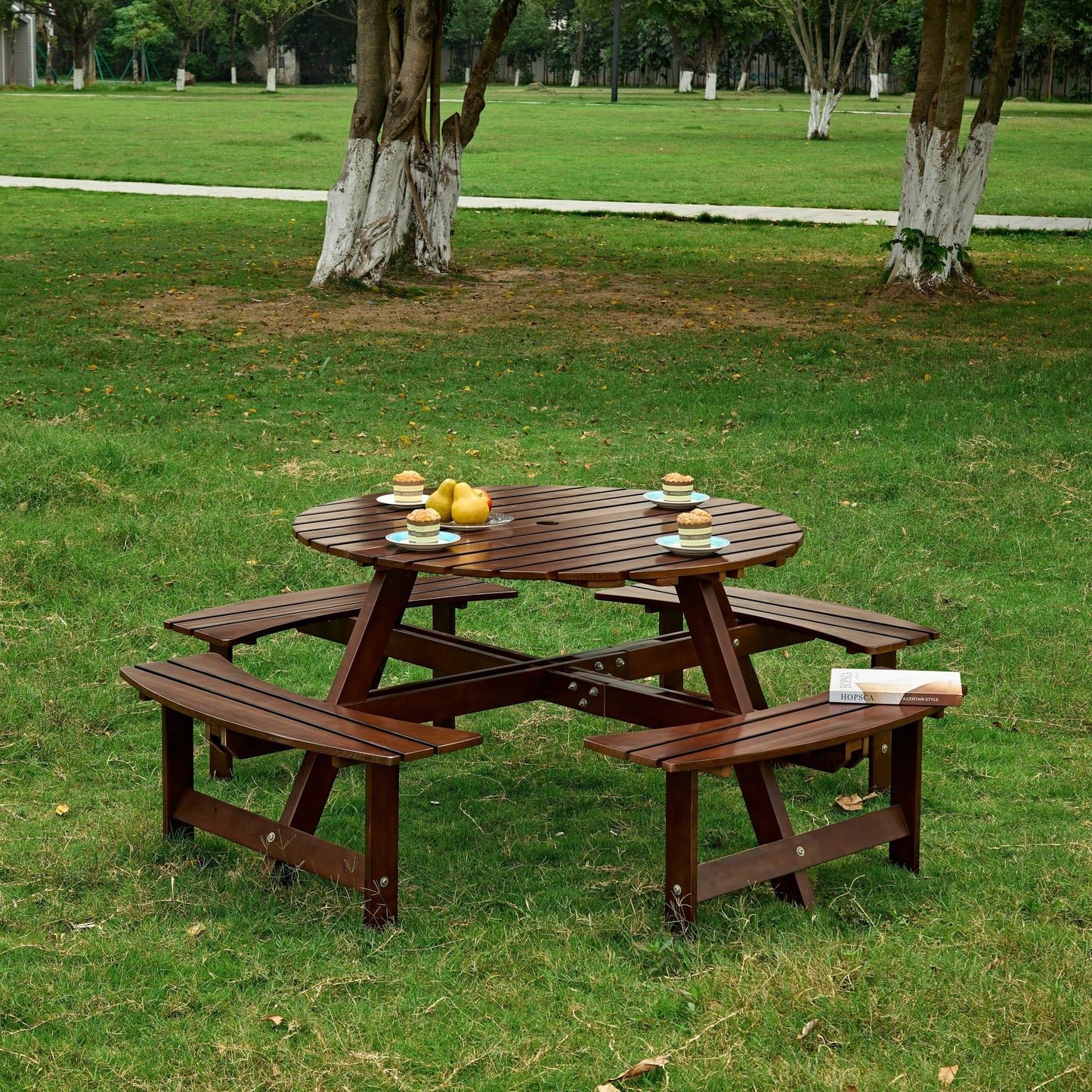 8 Person Round Outdoor Picnic Table With 4 Built-In Benches And Umbrella Hole For Garden Backyard Patio