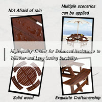 8 Person Round Outdoor Picnic Table With 4 Built-In Benches And Umbrella Hole For Garden Backyard Patio